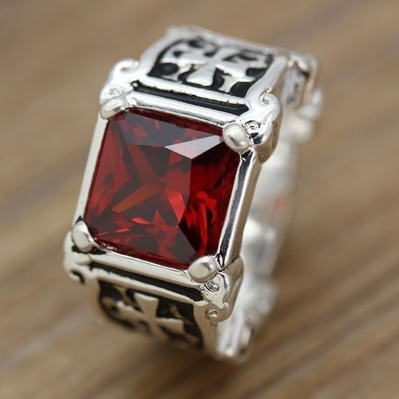 Ring ~.925  ~ 3.7 Ct. ~ Ruby Red Crystal ~ Cross ~ For Him - Picture 1 of 7